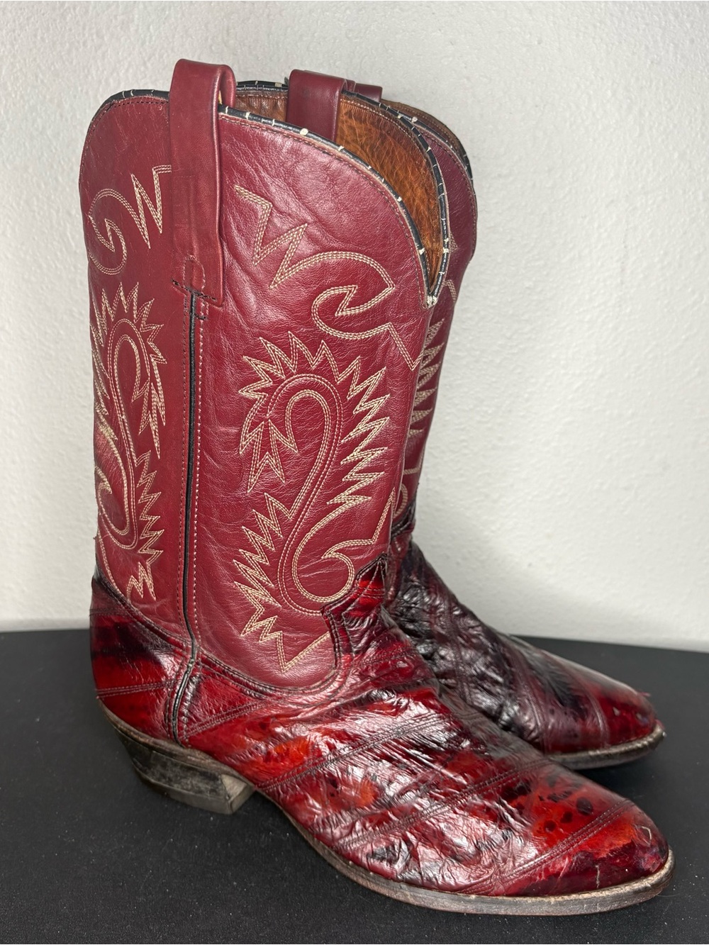 Vintage 80s Wine Bordeaux Western Cowboy Boots Eel Skin Size 12 D Leather